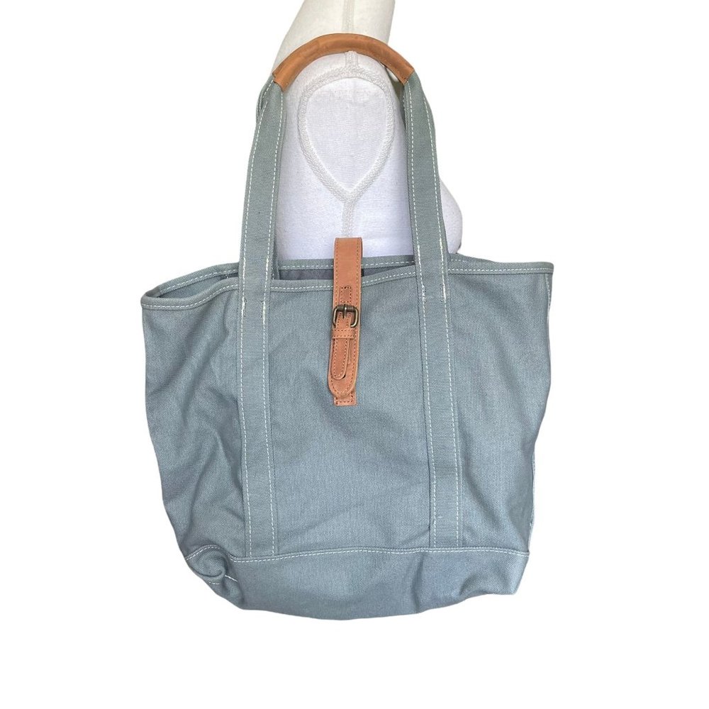 L.L. Bean Grey Canvas Brown Leather Flap Shoulder Large Bag Tote
